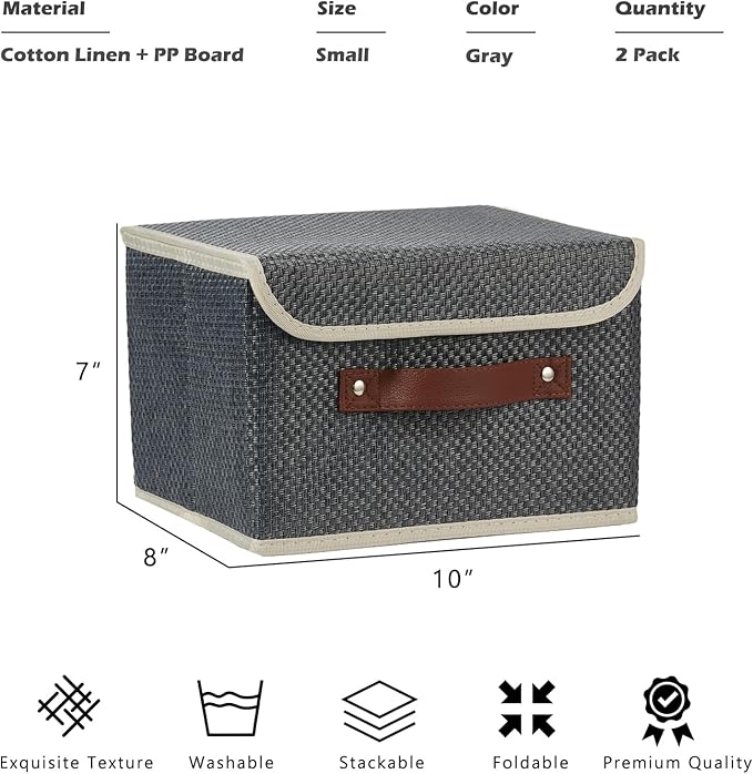 2PCS Storage Bins with Lid Fabric Storage Box Basket PU Leather Handle Textured Woven Cotton Linen Decorative Foldable Washable Shelf Closet Organizer Container (Flip-top Lid, Gray, Small)-NeatNest