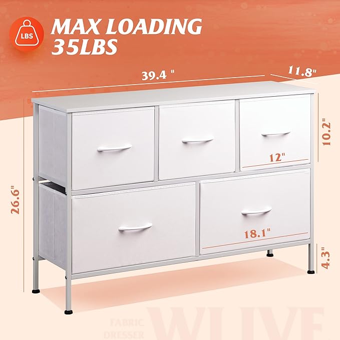 WLIVE White Dresser for Bedroom with 5 Drawers, Chest of Drawers, Fabric Small Dresser with Drawer Organizers, Storage Organizer Unit for Hallway, Entryway, Closets-NeatNest