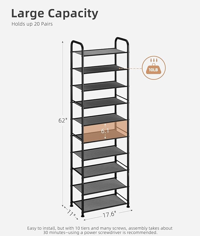 STORAGE MANIAC 10-Tier Tall Shoe Rack, 20 Pairs Narrow Slim Shoe Shelf, Metal Frame Shoes Stand for Small Space, Space-Saving Shoes Organizer, Vertical Shoes Tower for Garage, Entryway, Closet, Dorm-NeatNest