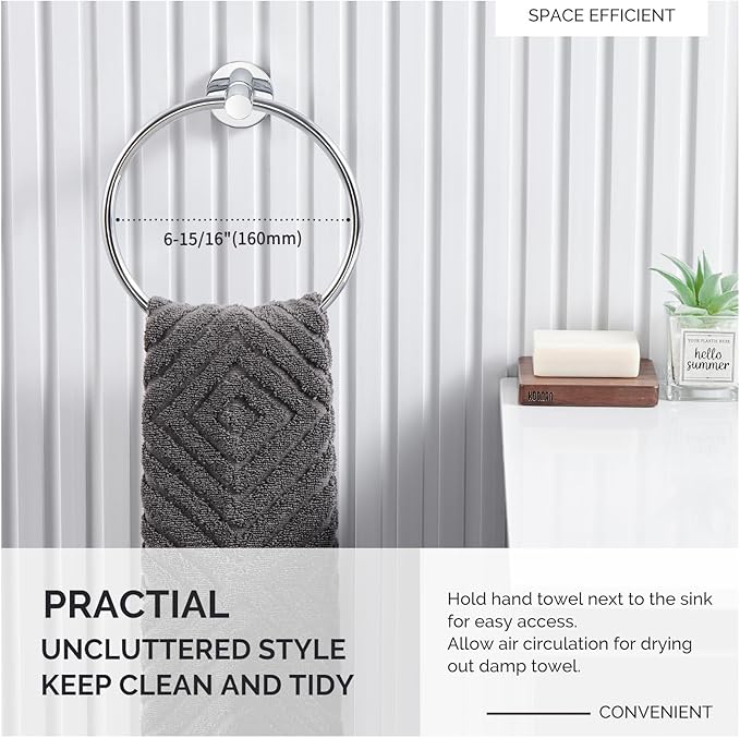 Bath Towel Ring Chrome, Angle Simple Stainless Steel Hand Towel Holder, Round Towel Hanger Heavy Duty, Wall Mounted