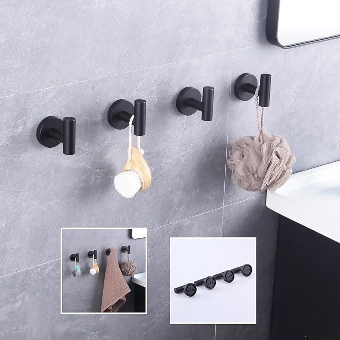 GERZWY Bathroom Matte Black Coat Hook SUS 304 Stainless Steel Towel/Robe Clothes Hook for Bath Kitchen Modern Hotel Style Wall Mounted 4 Pack AG1307B-BK