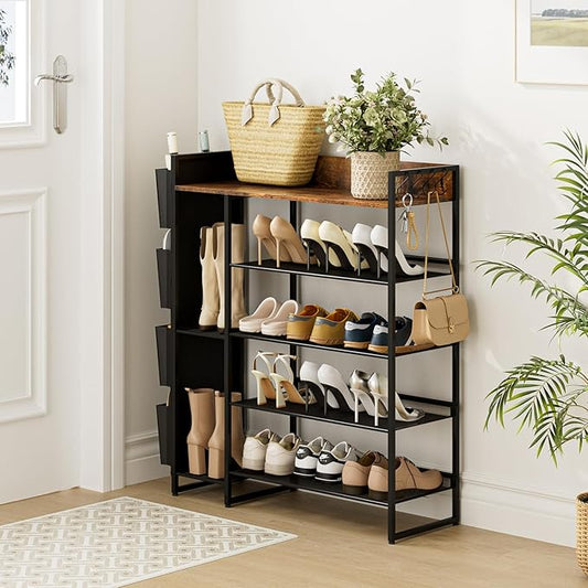 Brown 5-Tier Shoe Organizer - Free Standing Shoe Rack with Storage Bag for High Heels, Entryway, Hallways, Closets, Dormitory Rooms-NeatNest