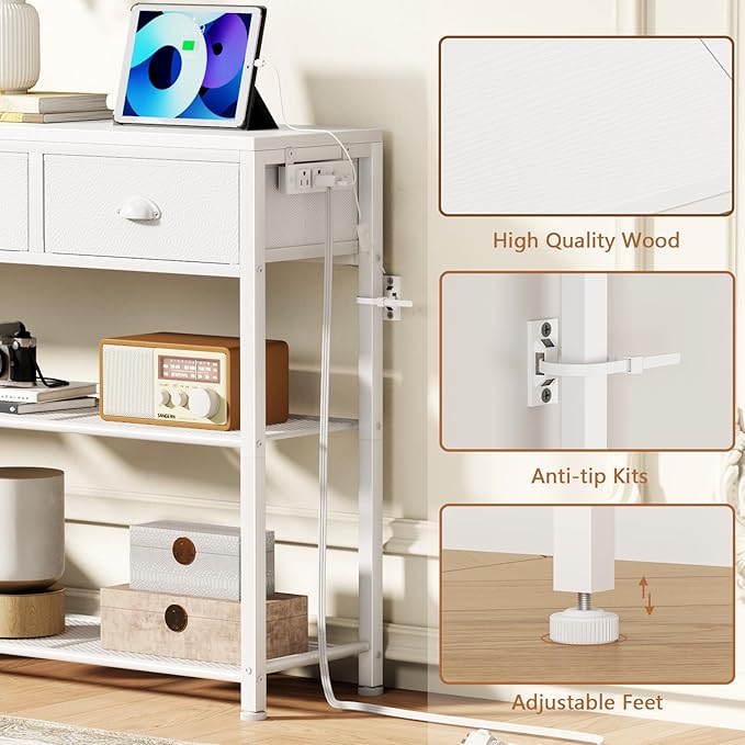 Furologee 38in Console Table with 3 Drawers, Small Sofa Table with Lights and Power Outlets, Hallway Tables with 3-Tier Shelves, White Narrow Console Table for Entryway, Living Room, Couch, Foyer-NeatNest