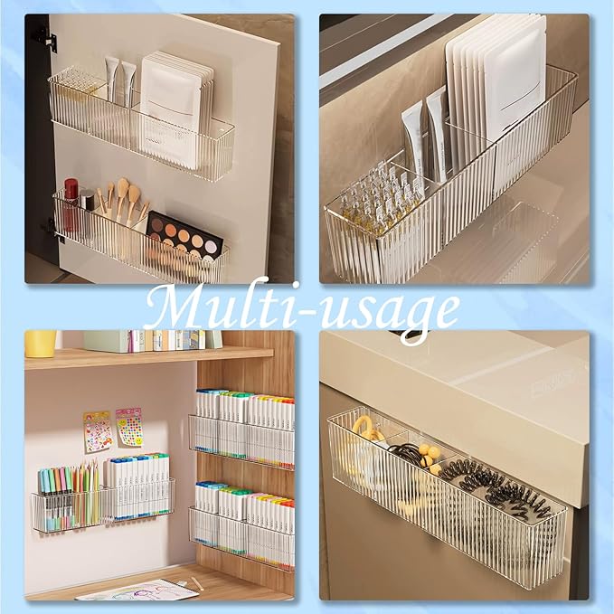 2 Pack Bathroom Makeup Organizer Wall Mount Clear Bathroom Organizers and Storage with 3 Compartments Plastic Storage Organizer Bins Floating Shelves for Wall, Narrow Space, Office, Bedroom 14''Length-NeatNest