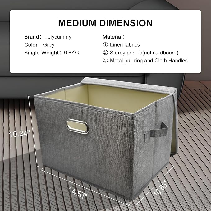 3 Pack Large Linen Collapsible Closet Organizers and Storage Bins with Removable Lids Storage Boxes for Organizing Clothing,Sheets,Toys,Shelves Basket Cube Storage Bin with Handles-NeatNest