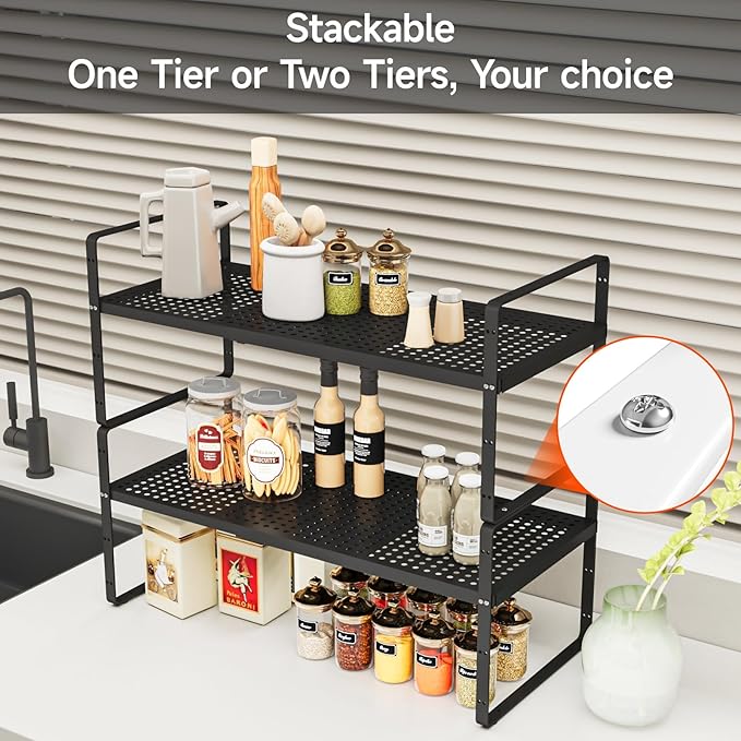 16.5-27’’L Expandable Cabinet Countertop Shelf Organizer, Stackable Metal Shelves, Kitchen Organizers and Storage, Black Storage Spice Rack for Pantry and Cupboard-NeatNest