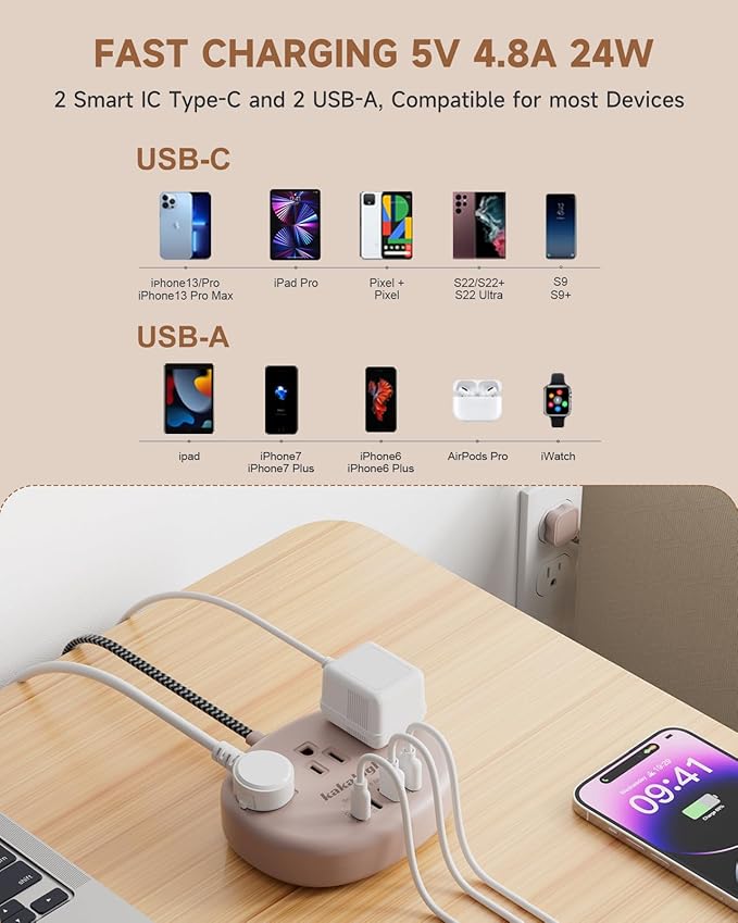 Brown Extension Cord with Surge Protected 1080J - 5 FT Flat Braided Extension Cord, 1625W Tan Extension Cord with 3 AC Outlet 4 USB (24W/4.8A), Compact for Brown Tan Wood Walnut Grain Desk Accessories-NeatNest