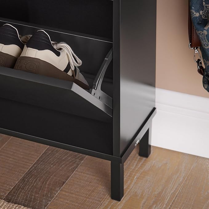 Haotian Black Shoe Cabinet with 4 Flip-Drawers, Narrow Freestanding Shoe Rack, Slim Shoe Organiazer Entryway, FSR100-W, 7.5" D x 39.4" W x 35.6" H