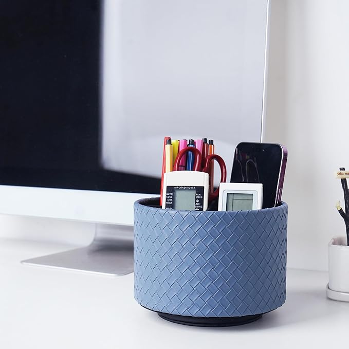 Hennaja Round Leather Art Supply Organizer,Remote Control Holder,360 Degree Spinning,Multi-Functional Pencil Holder,4 Compartments Desktop Stationary Organizer(1-Weave Blue)-NeatNest