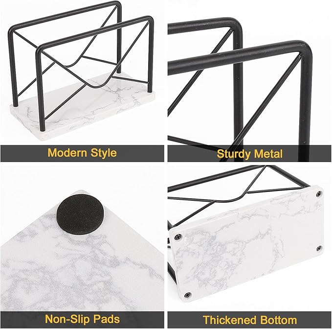 Modern Mail Holder for Home Office, Metal Letter Organizer Sorter for Desk, Cutout Mail Envelope Design, Bill Filling Paper Document Rack, Envelope Storage Rack with Marble Base