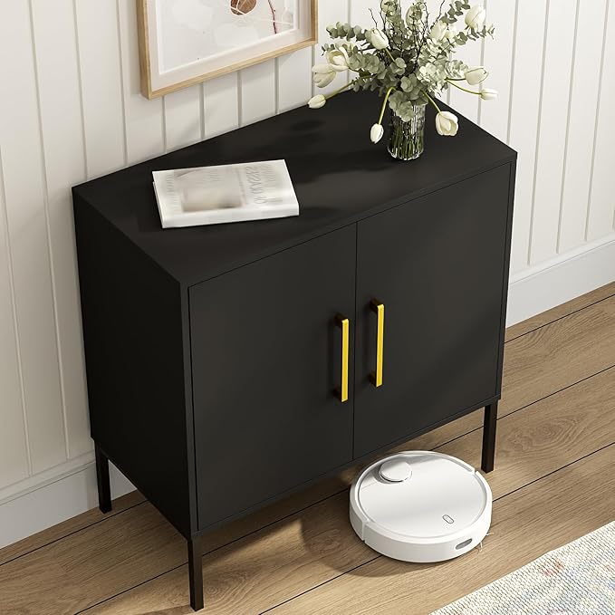 JOZZBY Storage Buffet Cabinet, Freestanding Sideboard with Double Doors, Modern Wooden Sideboard, Black Side Cabinets for Bedroom, Living Room, Kitchen, Office and Hallway, WLFH0007BK