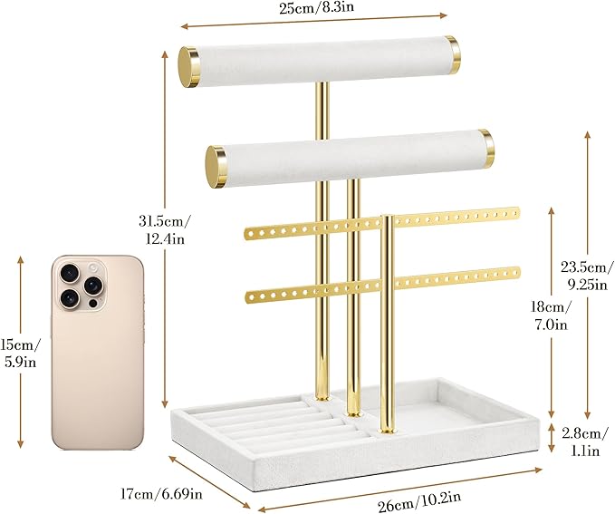 3 Tier Bracelet Holder Display - Detachable T Bar White Velvet Bracelet Holder, Jewelry Holder Organizer for Bracelet, Necklace, Earrings, Rings
