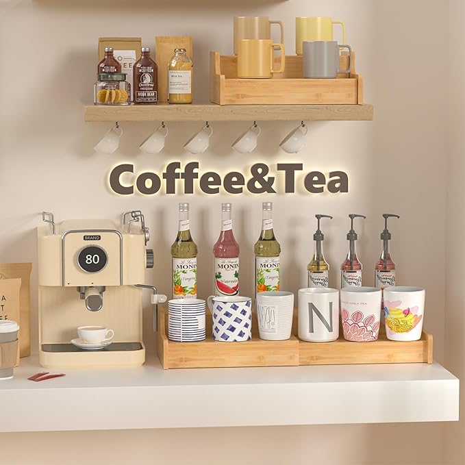 2-Tier Expandable Coffee Mug Holder, Mug Organizer for Kitchen Cabinets, Bamboo Mug Cup Rack, Multi-Functional Cup Holder Shelf, Coffee Bar Organizer, Home-NeatNest