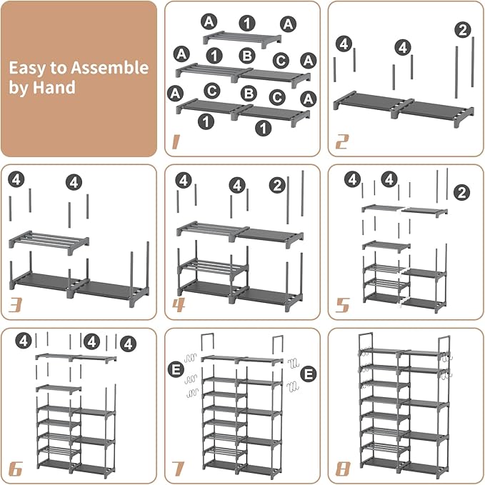 ROJASOP Shoe Rack, Shoe Storage Organizer for Closet Entryway Garage Bedroom, 8 Tier Tall Metal Shoe Shelf for 26-32 Pairs Boots & Shoes, Adjustable Shoe Stand for Small Space-NeatNest