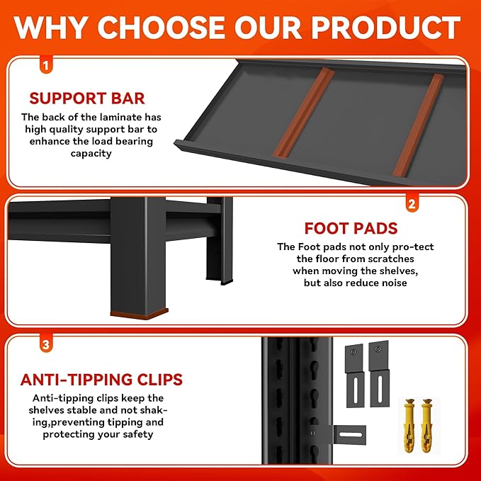 Garage Shelving 3600LBS Heavy Duty Shelving Units and Storage Shelves Adjustable 6 Tier Metal Shelving for Kitchen,Utility Room and Basement, Black (15.75" Dx35.43 Wx77.44 H)