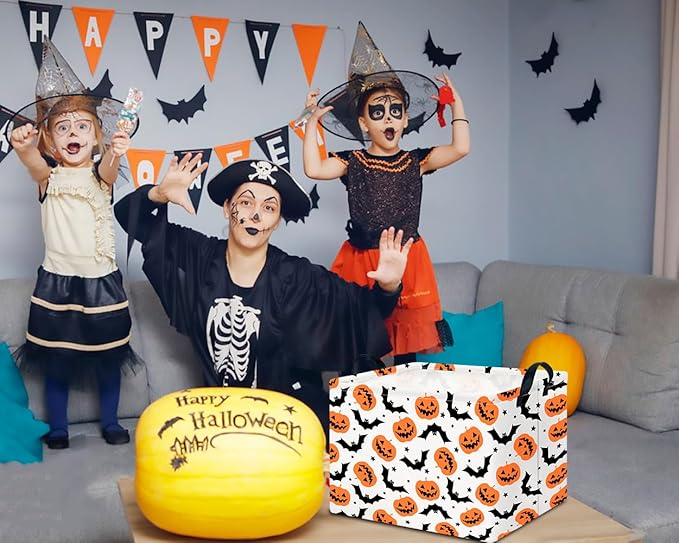 CLOCOR Rectangular Storage Basket Empty, Gift Basket for Halloween, Waterproof Storage Bin with Handles, Room Decor(Bat Pumpkin Halloween)-NeatNest