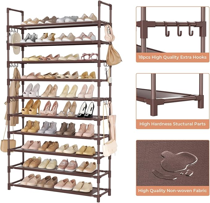 Tall Shoe Rack 10 Tier Shoe Organizer Large Shoe Shelf with 18 Hooks Storage for 50 Pair Sneaker and Boot, Stackable Vertical Shoe Rack Organizer for Closet, Entryway, Bedroom, Brown-NeatNest