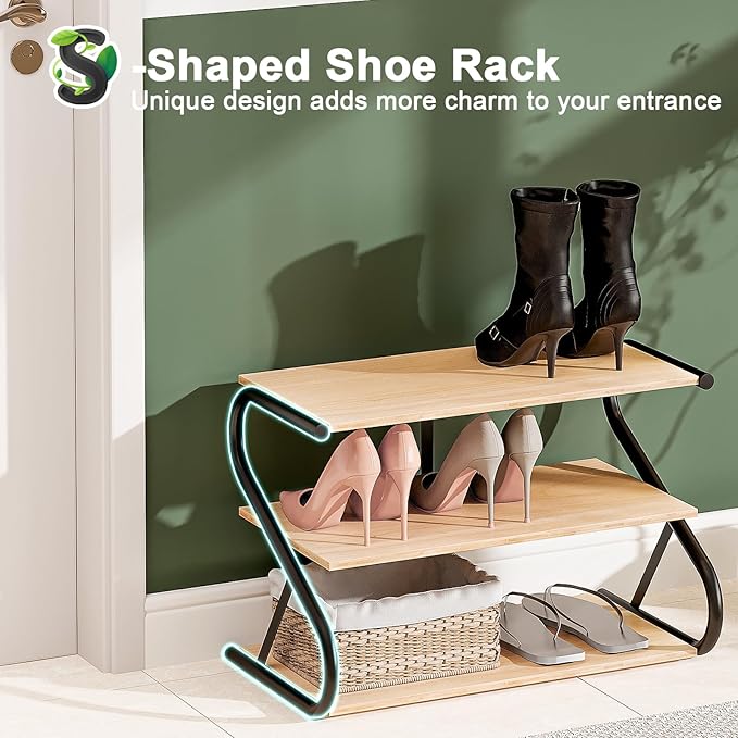 Shoe Rack, Z-Frame Wooden 3-Tier Shelf with Durable Metal Shelves, Shoe Organizer for High Heels, Hallway, Living Room, Closet, Bedroom (Natural Wood)-NeatNest