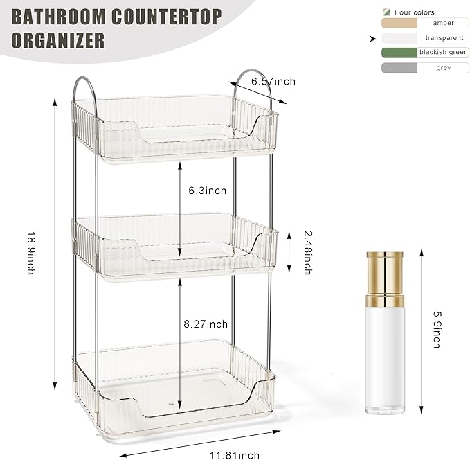 Bathroom Counter Organizer Countertop Storage Skincare Countertop Makeup Organizer Cosmetics Skincare Organizers Holder for Perfume-Clear White-Silver Pole-3 Tier-NeatNest