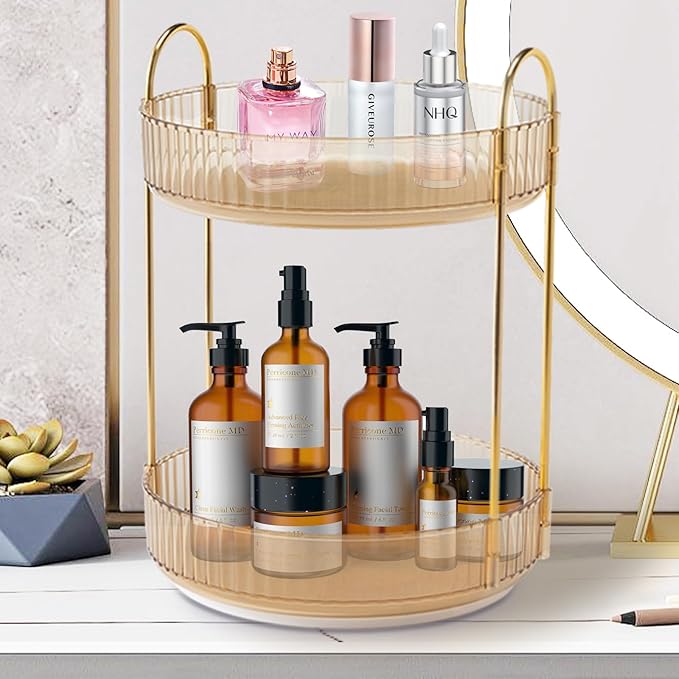 Rotating Makeup Organizer Countertop 2 Tier Lazy Susan Trays Clear Skincare Perfume Storage for Bathroom Counter Vanity, Amber Gold-NeatNest