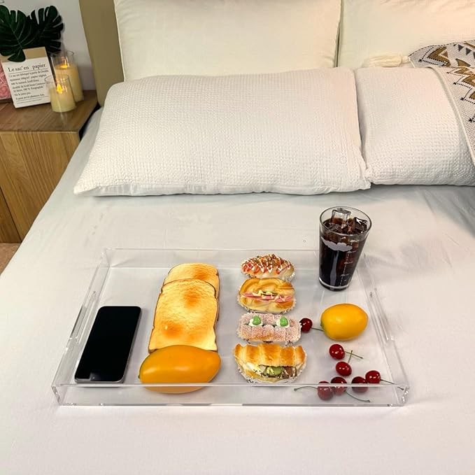 Clear Sturdy Acrylic Serving Tray with Handles-12x20Inch-Serving Coffee,Appetizer,Breakfast,Butler-Kitchen Countertop Makeup Drawer Organizer-Vanity Table Ottoman Tray-Decorative Tray-NeatNest