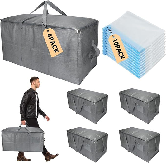Extra Large Storage Bags Set Heavy Duty Moving Totes with Handles, Way Carrying Design For Dorm Room Essentials & College Moving Supplies, (Gray, 14 Park-4 Moving bag & 10 Vacuum Seal Bags)