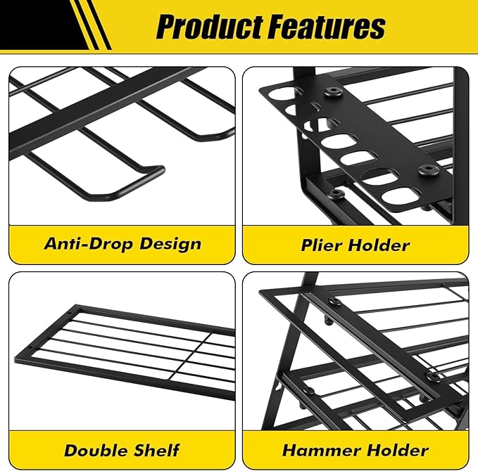 4 Layers Power Tool Organizer Wall Mount, Garage Wall Shelving, 4 Drill Holder Wall Mount, Cordless Tool Organizer, Garage Storage Rack with 4 Extension Cord Holder