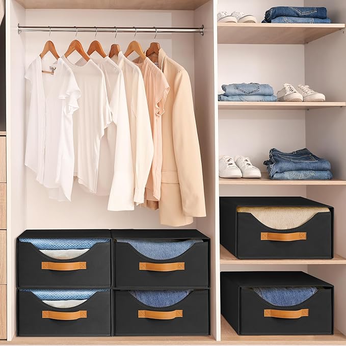 4 Pcs Closet Drawers and Large Size Clothes Storage Bins Push-Out Storage Stackable Shelf Drawers with See-Through Window Closet Organizers for Bedroom, Living Room, Under Bed, Black-NeatNest