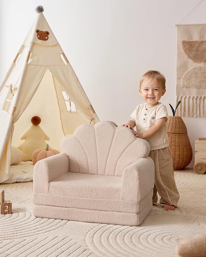 Blissful Diary Kids Couch, 2-in-1 Soft Toddler Couch Fold Out, Toddler Chair Comfy, Convertible Sofa to Lounger, Kids Furniture for Playroom, Gift for Birthday, Children's Day, Beige Shell-NeatNest