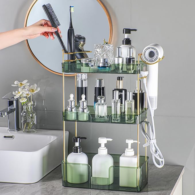 3 Tier Bathroom Organizer Countertop Makeup Perfume Tray Skincare Organizer Comes with Hair Dryer Rack and Toothbrush Holder for Bathroom Dresser Vanity (Green)-NeatNest