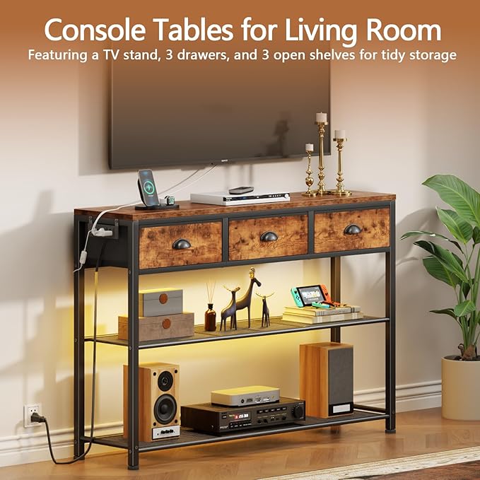 Furologee Console Table with Charging Station & 3 Fabric Drawers, 38'' Entryway Table with Storage Shelves and LED Light for Entry Way, Industrial Display Shelf for Hallway, Foyer, Rustic Brown-NeatNest