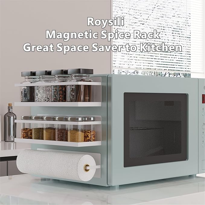 Magnetic Spice Rack for Refrigerator Magnetic Fridge Shelf for Kitchen Spice Organizer Magnetic Shelf for Fridge Space Saving White 2 Pack with Magnetic Paper Towel Holder