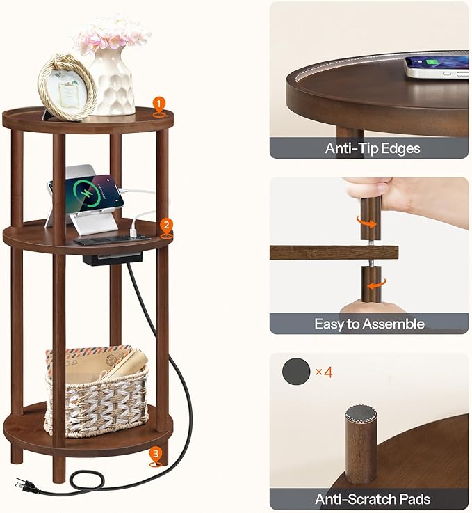 HOOBRO Set of 2 Small Round Side Tables with Charging Station, 3-Tier Round Bamboo End Tables, Compact Sofa Bedside Tables, Easy Assembly, for Living Room, Bedroom, Apartment, Mocha MA152UBZP201