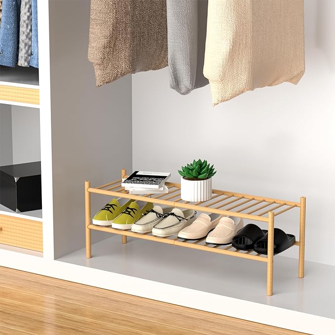 2-Tier Bamboo Long Shoe Rack, Free Standing Wood Shoe Shelf Storage Organizer for Closet Entryway Stackable 35"x11"x13" (Natural)-NeatNest