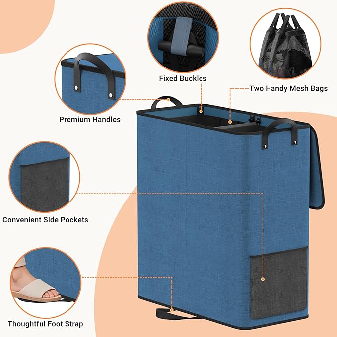 Large Double Laundry Hamper with Lid, Removable Bags & Reinforced Handles, 2 Section Tall Laundry Basket, Dirty Clothes Hampers for Laundry Room, Bedroom, Bathroom, Dorm, 155L, Blue-NeatNest