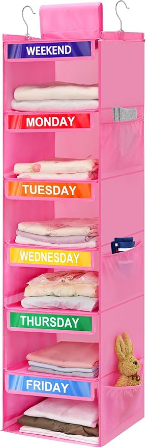 6-Shelf Weekly Clothes Organizer for Kids, Hanging Daily Closet Organization with 6 Side Pockets, Days of The Week Clothing Divider Storage for Boys and Girls (Pink)-NeatNest