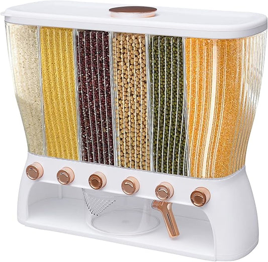 Dry Food Dispenser,Wall mounted 6 Grid Beans Dispenser,Home Rice dispenser Kitchen Storage with Measuring Cup Store Flour,Sugar, Rice, Cereals, Nuts, Beans, Coffee-NeatNest