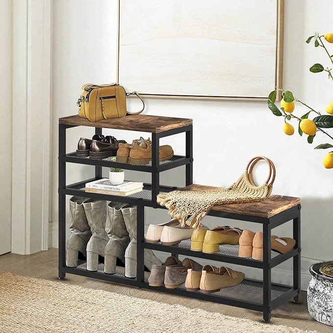 Shoe Rack Bench Shoe Storage Organizer with Seat, 5-Tier Industrial Free Standing Shoe Rack for Entryway, Narrow Shoe Rack Organizer Shelves for High Heels, Entryways, Hallways, Closets,Brown-NeatNest