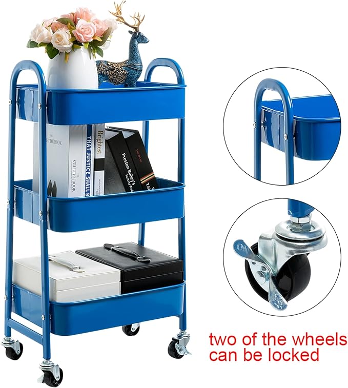 AGTEK Makeup Cart, Movable Rolling Organizer Cart,3 Tier Metal Utility Cart, Aristocratic Blue-NeatNest