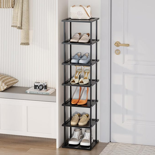 Vertical Tall Shoe Rack Organizer for Entryway -7 Tier Free Standing Slim Narrow Bamboo Wood Corner Stackable Shoe Boots Storage Stand Small Spaces for Closet Garage Cloakroom Living Room (Black)-NeatNest