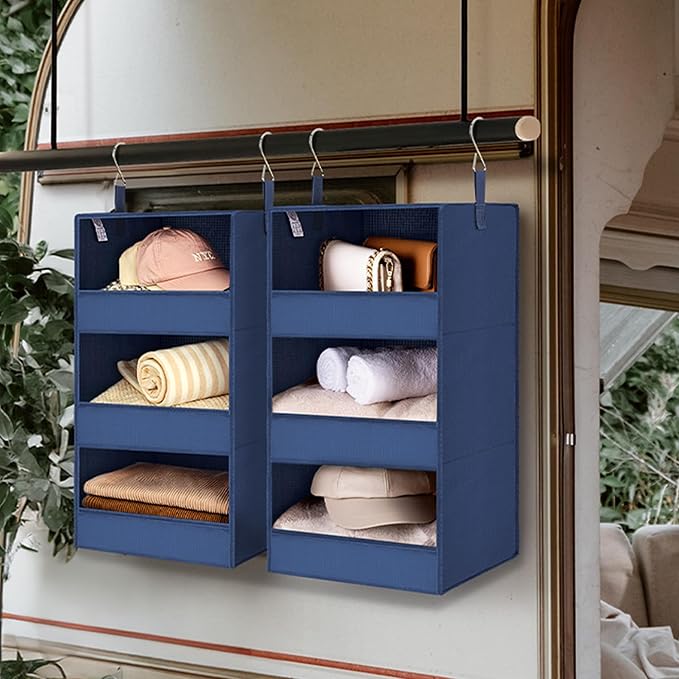 GRANNY SAYS 3-Shelf Closet Organizers and Storage, Foldable Hanging Closet Organizer, Closet Hanging Shelves with 2 Metal Hooks, Leak-Proof Hanging Organizer for Closet, Navy, 2-Pack-NeatNest