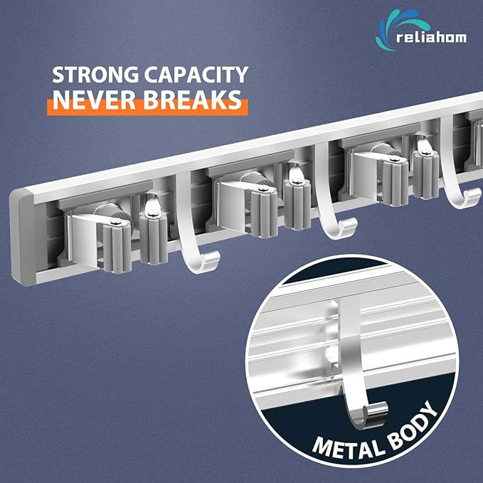 2 Pack Broom Holder Wall Mount Mop and Broom Hanger Wall Mounted Garage Storage Rack Kitchen Garden Tool Organizer (5 Racks with 4 Hooks, Silver)-NeatNest