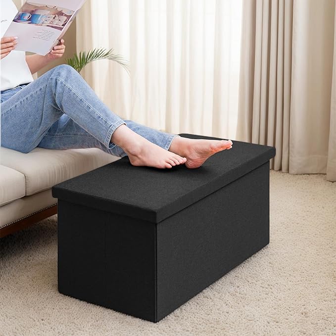 30 Inch Folding Storage Ottoman with Reversible Lid Coffee Table, Linen Fabric Multi-Functional Foot Rest & Seat for Living Room, Bedroom-Black