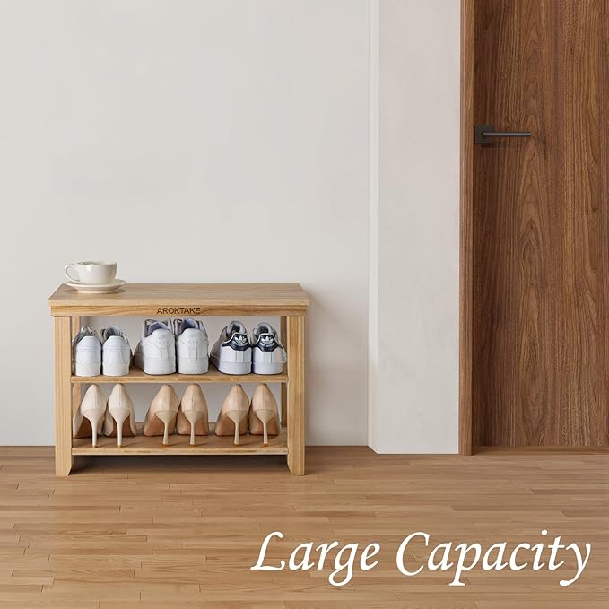 Small Shoe Rack Bench, Wooden Shoe entryway Bench, Shoe Organizer for Hallway, Living Room(Natural, 23.62”)-NeatNest
