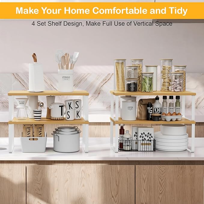 Cabinet Shelf Organizers, 15.7 inches Large Kitchen Counter Shelf, Set of 4 Wood Kitchen Pantry Organizer, Storage Shelves for Countertop, Spice Rack, Stackable, Expandable, Metal White, Nature-NeatNest