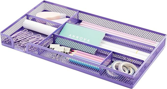 Annova Desk Drawer Organizer Tray for Office Organization - Metal Mesh - Storage Tray with Dividers for Pens, Desktop Accessories, Bathroom, Kitchen, Makeup and Office Supplies (Small, Purple)-NeatNest