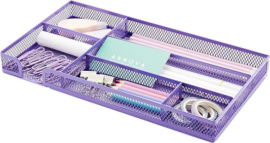 Annova Desk Drawer Organizer Tray for Office Organization - Metal Mesh - Storage Tray with Dividers for Pens, Desktop Accessories, Bathroom, Kitchen, Makeup and Office Supplies (Small, Purple)-NeatNest