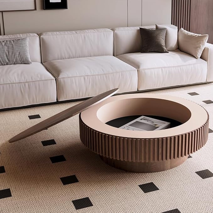 39'' Round Coffee Table with Storage Living Room Modern Wood Coffee Table with Pedestal Circle Center Tables Fluted Accent Tea Table for Apartment, Walnut
