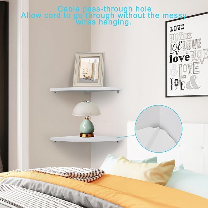 Joiishom Wood Corner Wall Shelves Set of 2, Solid Wood Corner Floating Shelves, Round End Wall Mounted Floating Corner Shelf for Bedroom, Living Room and Kitchen. (White-12 inch)-NeatNest