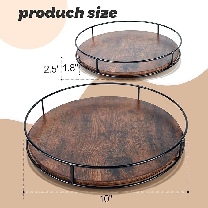 10 Inch Wood Lazy Susan, Rustic Brown Turntable Organizer with Steel Frame, 360 Degree Decorative Turntable for Countertop or Centerpieces